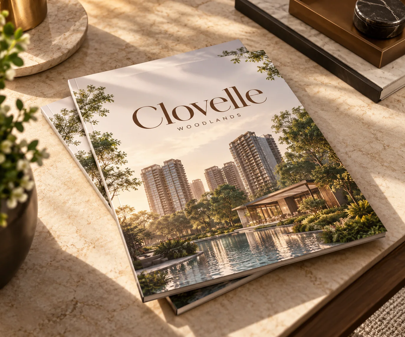 Clovelle of Woodlands EC e-brochure with resort pool and residential towers on the cover